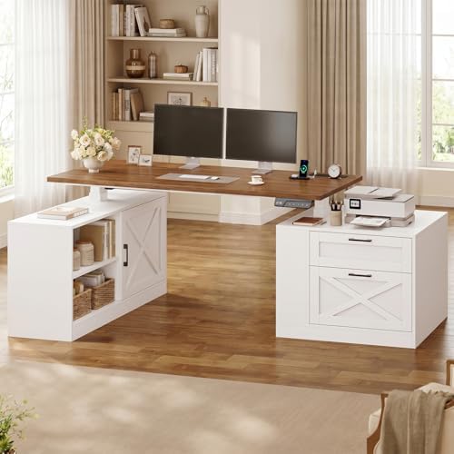 UPOSOJA 71" Farmhouse L Shaped Standing Desk, Electric Height Adjustable Corner Desk with Storage Cabinet & File Drawers, Wood Stand up Computer Desks with Power Outlets for Home Office by UPOSOJAWishesYouaNiceDay