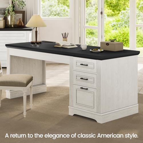 Itaar Farmhouse 55" Executive Desk, Computer Desk with Storage Drawers and Power Outlet, Home Office Desk, Workstation for Office Home, White - Image 3