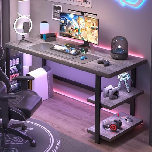 FOLUBAN Computer Desk, Modern Home Office Desk with Shelves, Wood Writing Study Gaming Table for Living Room Bedroom, Light Grey, 53 inch - Image 3
