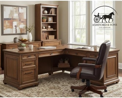 Ashford & Sons Artisan L-Desk & Return, 8-Drawer Executive Corner Workstation, 30" H x 68" W x 70" D, Hardwood Solids with Veneer, Distressed Finish, Built-in Power Center, Home Office Desk - Image 4