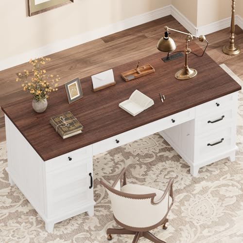 GarveeHome Executive Desk with File Drawers, Farmhouse Home Office Desk with Charging Station, 60 in Wooden Computer Desk with Cabinet Storage for Work Study Writing, White Walunt - Image 3