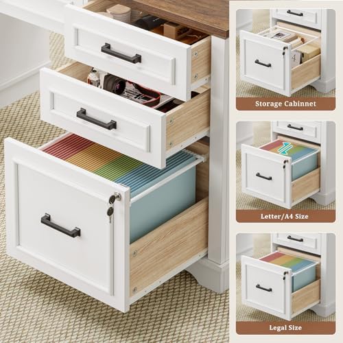 UPOSOJA 60'' Farmhouse Executive Desk with Drawers, Home Office Desk with Power Outlet & LED Light, Wood Computer Desk with Monitor Stand, Locking File Drawer, Glass Storage Cabinet, Hooks, White - Image 4