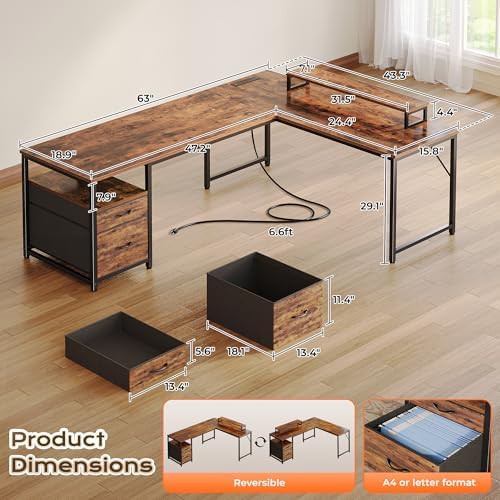PRAISUN 63 Inch L Shaped Desk with Power Outlets and USB-C Port, Computer Corner Home Office Desk with File Fabric Drawers and Movable Monitor Stand, Larger Storage, Gaming, Writing, Rustic Brown - Image 2