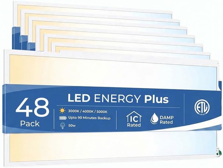 2X4 LED Flat Panel Light with Emergency Battery Backup, 50W 3000K/4000K/5000K, 0-10V Dimmable, 6250 Lumens, LED Drop Ceiling Lights, 100-277V, UL Listed(48 Pack) by LEDENERGYPLUS