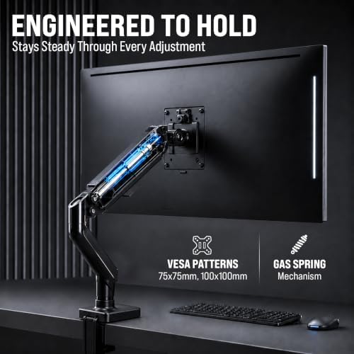 EVEO Premium Single Monitor Arm 14"–34", Adjustable Gas Spring Monitor Mount, Single Arm Desk Mount for 34 Inch Computer Screens, VESA Compatible Stand with Clamp and Grommet Base – Black - Image 4