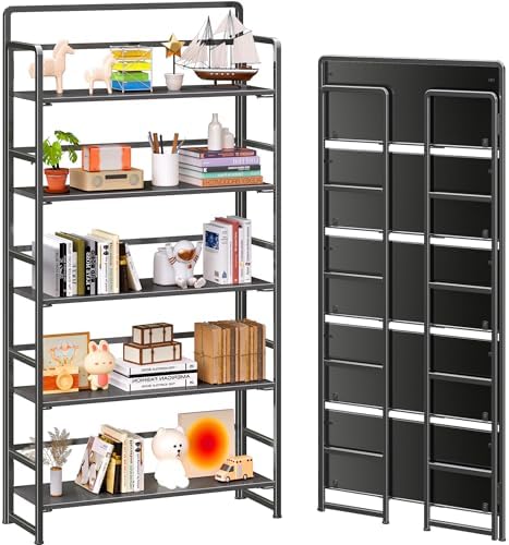 4NM No Assembly Extra Wide 5 Tier Folding Bookshelf Tall Storage Shelves Vintage Bookcase Standing Racks Study Organizer Home Office by 4NM