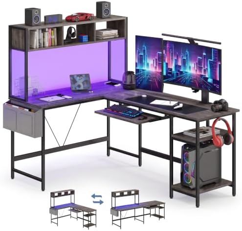 DUMOS 67" L Shaped Gaming Desk, Reversible Computer Desks with LED Lighting, Corner Desk for Compact Spaces with Keyboard Tray & Storage Shelf, Metal Frame PC Gaming Table for Home Office, Gray by DumosLifestyle