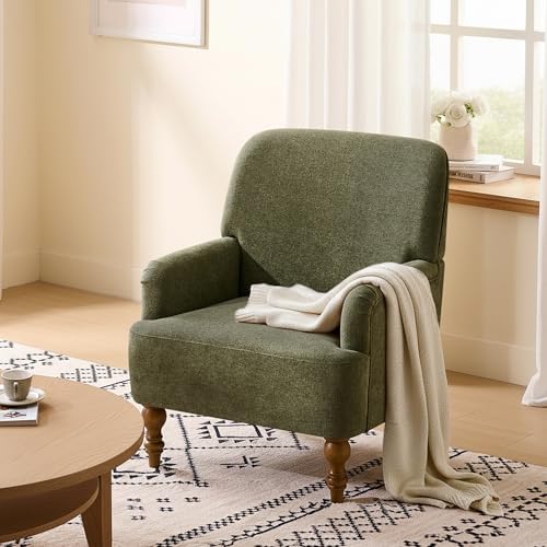 Modern Wingback Accent Chair, Upholstered Fabric Living Room Armchair with Wood Legs, Single Sofa Lounge Chair for Bedroom, Office & Reading Room (1, Green) - Image 3