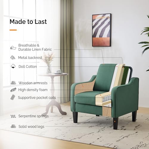 VINGLI Accent Chair, Linen Upholstered Green Armchair for Living Room - Image 6