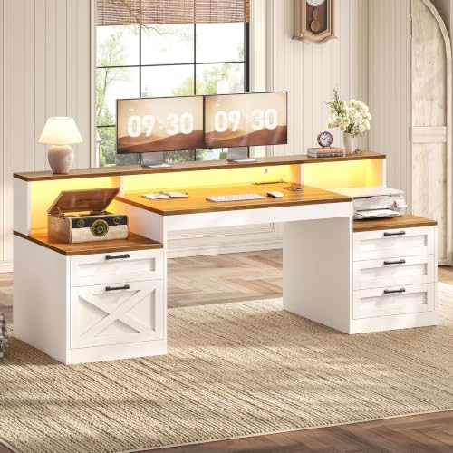 SEDETA 63" Farmhouse Office Desk with 5 Drawers, White and Brown by SEDETA