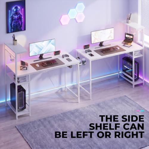 GTPLAYER 43" Gaming Desk with LED Lights, Reversible Shelves, White - Image 6