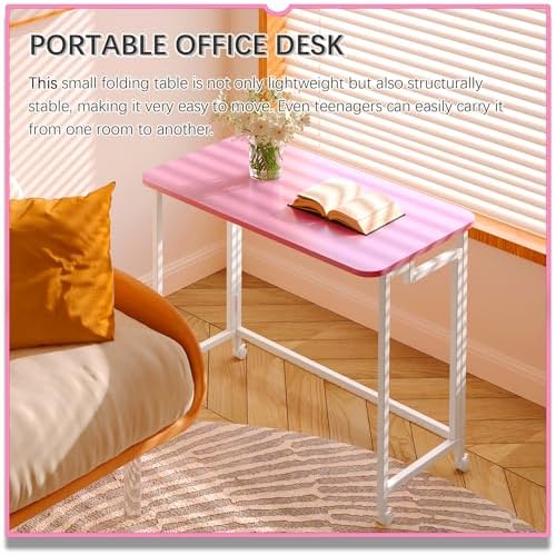 4NM 27.5" Mobile Small Rolling Computer Desk, Folding Laptop Cart Table with Wheels, Portable Office Desk for Small Space Couch Bed - Pink and White - Image 4