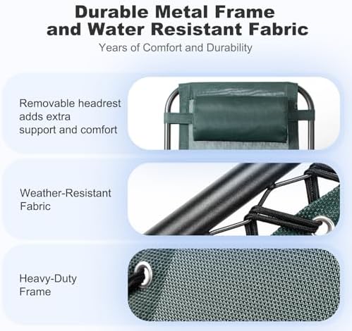 Nazhura Set of 2 Relaxing Recliners Patio Chairs Adjustable Steel Mesh Zero Gravity Lounge Chair Beach Chairs with Pillow and Cup Holder (Dark Green) - Image 5