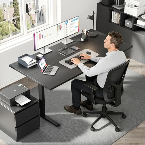 Klicelor 63 x 28 Electric Standing Desk, Sit Stand Up Home Office Desk, Height Adjustable Deep Cumputer Table with Memory Presets and Hooks, Two Pieces, Black - Image 2