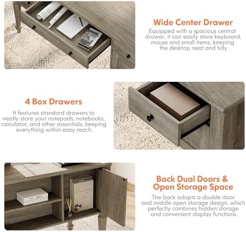 WAMPAT Farmhouse Executive Desk with Drawers, Vintage Writing Desk with Charging Station, Home Office Desk with Storage Cabinet & Open Shelf for Study, 56 Inch, Grey - Image 6