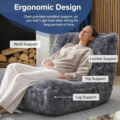 Bean Bag Chairs with Filler Faux Fur Fireside (Light Grey) - Image 3