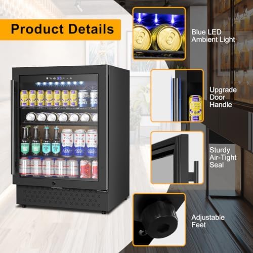 FoMup Beverage Refrigerator 24 Inch 200 Can Drink Fridge with Glass Door, Under Counter/Freestanding Beverage Cooler with Temperature Control, Reversible Door, Quick Cooling for Beer Soda Wine, Black - Image 7