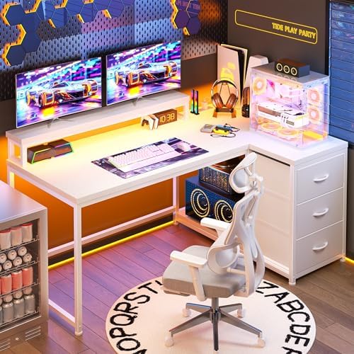 EnHomee 48"White L Shaped Desk with 3 Storage Drawers for Teen Gamers Study by EnHomee
