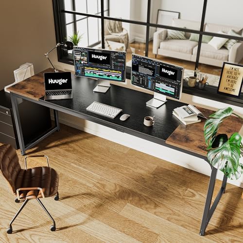 Huuger 78.7 Inch Office Computer Desk with Storage, Writing Work Desk for Home Office, Study, Gaming, Long Simple Desk, Large Legroom, Metal Frame, Rustic Brown and Black - Image 6