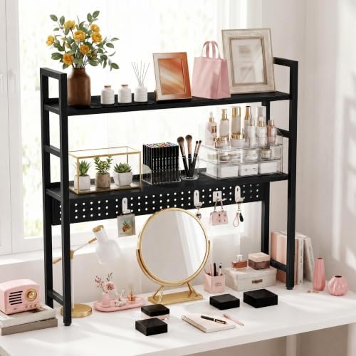 Brakki 2-Tier Desk Shelf, Desk Hutch Bookshelf with Pegboard and Hook Dorm - Image 3