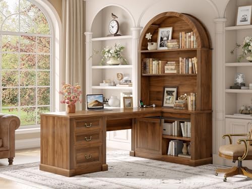 SEDETA 67" L Shaped Desk with Tall Arched Bookshelf & 3 Drawers Storage by SEDETA