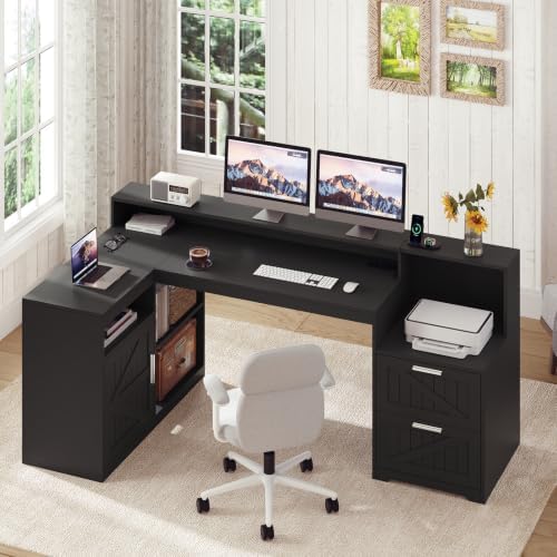 63" Farmhouse L Shaped Desk with Drawers and Printer Stand for Home Office - Image 3