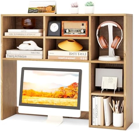 Tangkula Desktop Bookshelf, 37" Countertop Storage Hutch with 7 Cubes & 3 Adjustable Shelves, 3-Tier Desk Display Rack Organizer, Multipurpose Wood Desktop Hutch for Dorm Home Office (Natural) by TANGKULA