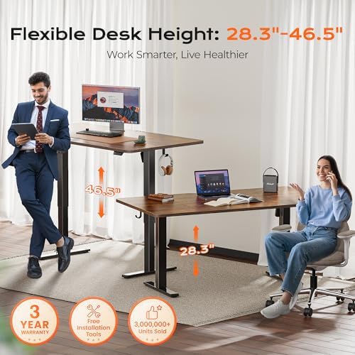 Huuger 63 x 28 Large Electric Standing Desk, Height Adjustable Computer Desk, 27.6" Deep Desktop, Stand up Gaming Office Table with 2 Hooks, 3 Preset Heights, for Home Office, Rustic Brown, 7021Z-1 - Image 3