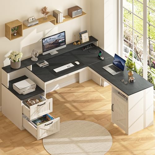 63" Farmhouse L Shaped Desk with Drawers & Printer Shelf for Home Office - Image 4