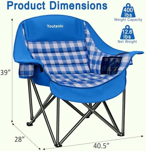 Youtanic Oversized Large Padded Camping Chair, 400 lbs Foldable Lawn Chair - Image 2