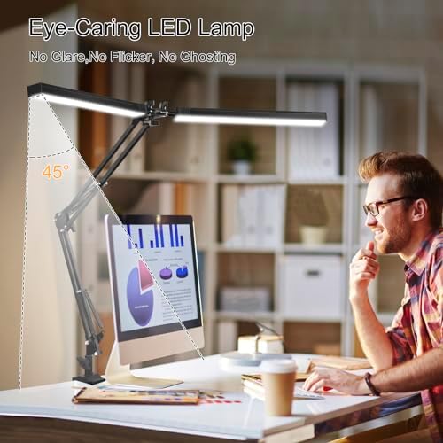 2-in-1 LED Desk Lamp, 24W Brightestwith Table Lamp with Clamp, Desk Light with Flexible Swing Arm,3 Color Modes Stepless Dimmable Double Head Architect Desk Lamps for Home Office Workbench Reading - Image 6