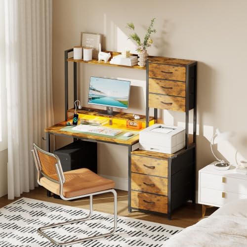 MUTUN 47 Inch Computer Gaming Desk with Hutch Power Outlet and LED Strip, Home Office Work Study Writing Desk with 6 Fabric Drawers and Storage for Bedroom, Escritorios para Computadoras, Rustic Brown - Image 2