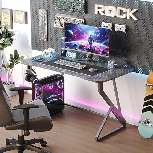 Grandder Gaming Desk Z Shaped 47 Inch Gamer Workstation, Home Computer Carbon Fiber Surface Gaming Desk PC Table with Headphone Hook, Carbon Fiber Grey - Image 4