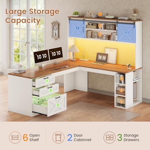 SEDETA 67" Farmhouse L Shaped Desk with Hutch, White+Brown - Image 6
