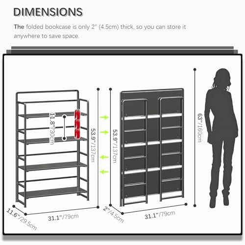 4NM No Assembly Extra Wide 4 Tier Folding Bookshelf Storage Shelves Vintage Bookcase Standing Racks Study Organizer Home Office - Image 2