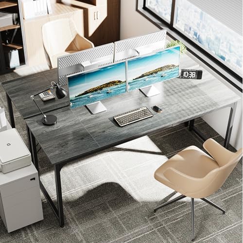 Huuger Computer Desk, 70 Inch Office Desk, Gaming Desk with Storage, Writing Desk Work Desk for Home Office, Study, Long Simple Desk, Large Legroom, Metal Frame, Grey - Image 2