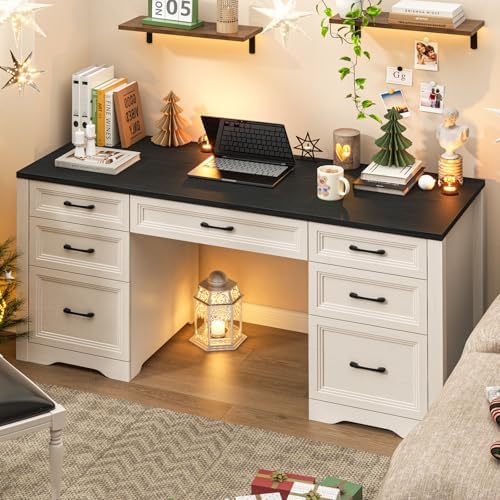Vabches Farmhouse Executive Desk, Wood Home Office Desk with 2 Large File Drawers and 5 Storage Cabinets, Rustic Writing Desk for Work and Study, Black - Image 4