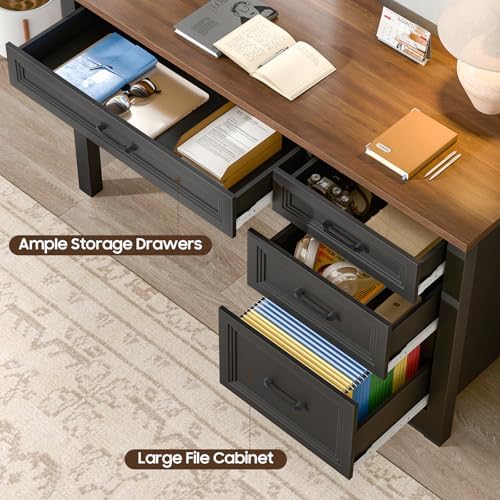 Vabches Farmhouse Executive Desk with Storage and Ample File Drawer, Rustic Large Home Writing Desk for Bedroom, Dark Brown - Image 6
