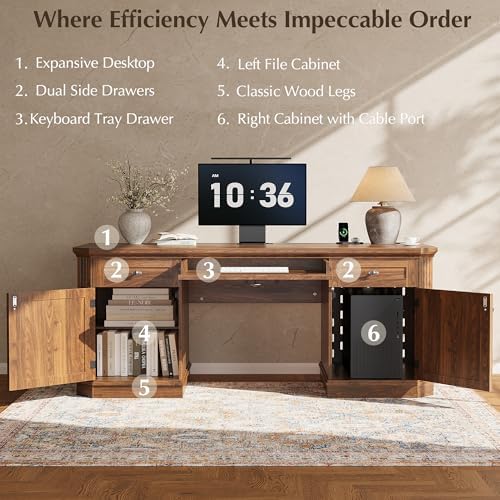 59" Classic Executive Desk with Storage, Victorian Executive Desk with Charging Station, Keyboard Tray, 3 Drawers & 2 Cabinet Storage & 2 Pedestals, Easy Assembly, Dark Walnut - Image 3