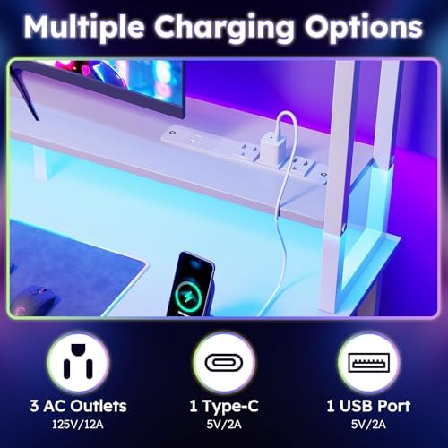 MUTUN 47 Inch Computer Gaming Desk with Hutch Power Outlet and LED Strip, Home Office Work Study Writing Desk with 6 Fabric Drawers and Storage for Bedroom, Escritorios para Computadoras, White - Image 5
