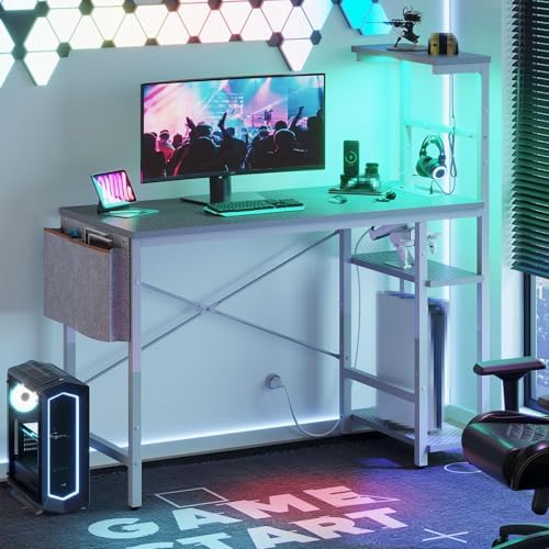 Bestier Gaming Desk with Power Outlets, 44 Inch Led Gamer Desk with 4 Tiers Reversible Shelves, PC Gaming Table with Headset Hook & Side Storage Bag for Bedroom (Grey 3D Carbon Fiber) - Image 3