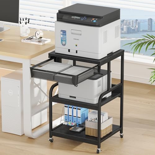 EasyCom Large Printer Stand with Drawer, 3-Tier Industrial Rolling Cart by EasyCom