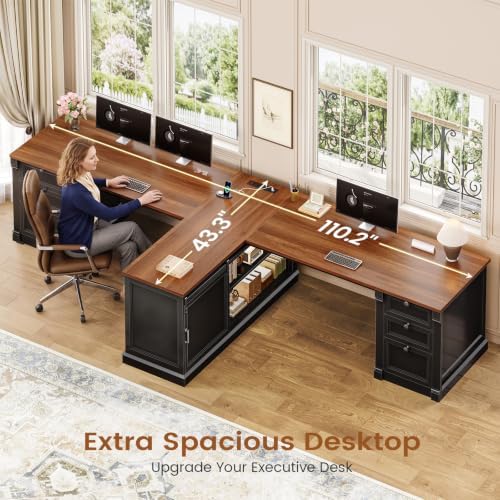 SEDETA 110.2" 2 Person Desk with 6 Drawers & Storage Shelves, Power Strip - Image 4