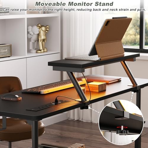 Height Adjustable Standing Desk with Power Outlets and LED Lights - 39" Manual Stand Up Desk with Monitor Stand and Storage Shelves Small Mobile Rolling Computer Desk Portable Laptop Table, Black - Image 7