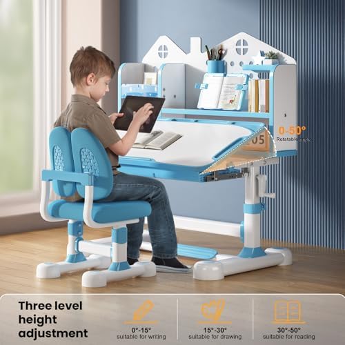 Kids Desk and Chair Set for Ages 3-12 Ergonomic Study Desk (Blue) - Image 4