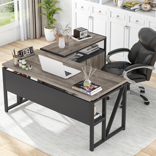 Tribesigns Grey Executive Desk with Cabinet, 55" L Shaped Computer Desk and lateral File Cabinet with Locks, 2 Piece Home Office Furniture Set for Hanging by Tribesigns