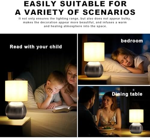 Modern Silvery Small Table Lamp with Cotton Linen Shade, 6.2×6.2×10.4 inch LED Desk Light, One-Button Switch for Bedroom, Living Room, Nightstand, Includes Warm Light Bulb - Image 3