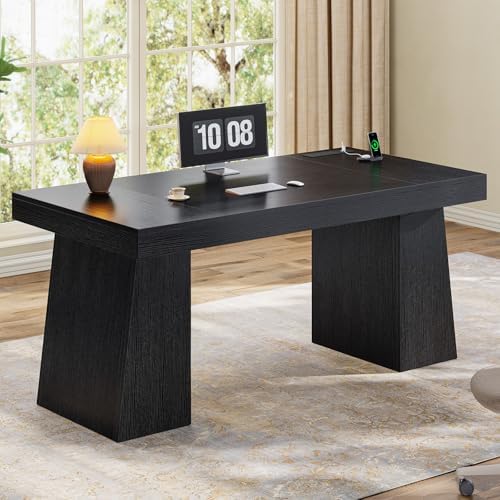 UPOSOJA 55.9 in Executive Desk with Power Outlets, Modern Home Office Desk with Storage Cabinet, Wood Computer Desk Business Workstation Desk Conference Table, Black (Storage Cabinet) - Image 5