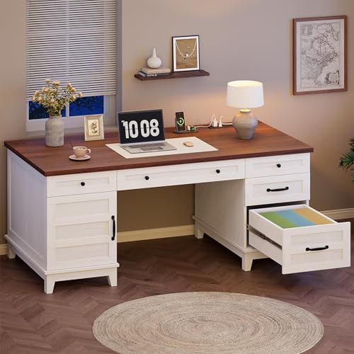 Garvee 60" Wooden Home Office Desk with File Drawers, Executive Desk with Adjustable Cabinet, Farmhouse Wood Desk with Power Outlet, Distressed Study and Work Table, Rustic White - Image 5