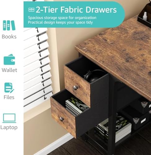 Lufeiya Computer Desk with Fabric Drawers, 47 Inch Desk for Small Space Home Office, Modern Simple Study Writing Table PC Desks for Bedroom, Rustic Brown - Image 5